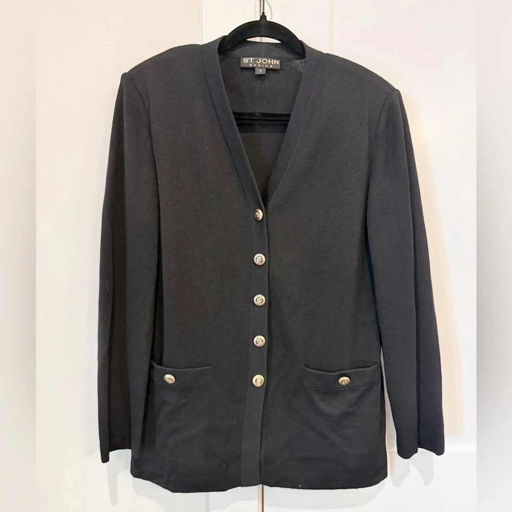 St John Basics Black Knit V-Neck Button Cardigan Sz 8 Quiet Luxury Capsule Chic